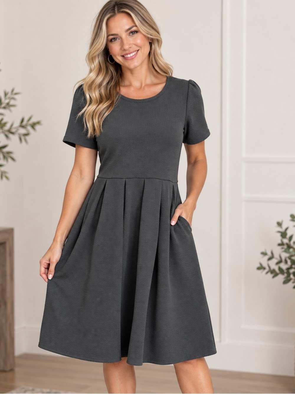 LuLaRoe Charcoal Gray Short Sleeve Pleated Midi Dress